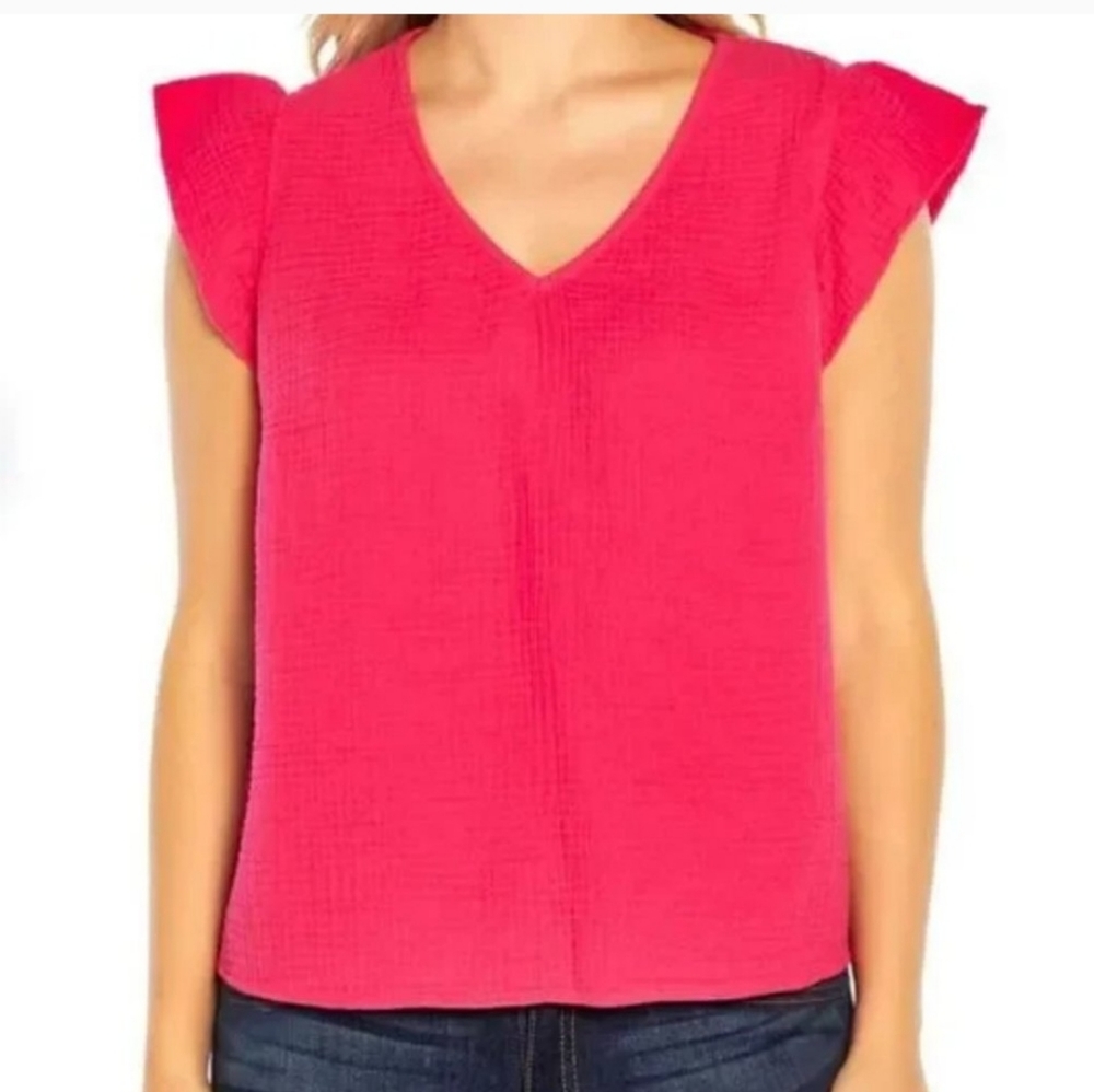 Three Dots Double Gauze Flutter Sleeve Top in Fushsia Size XL MSRP $138 W-538